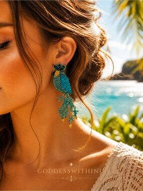 NWT SFERA Beaded Tropical Bird Statement Earrings - Teal & Gold